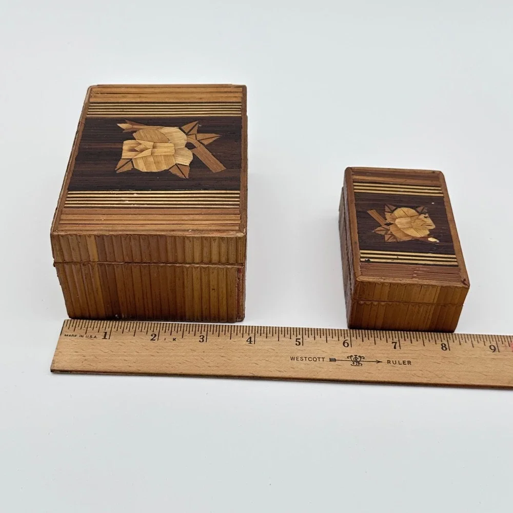 Vintage Trinket Box Set 2pc Straw Marquetry Rose Floral Brown Wood Jewelry Case